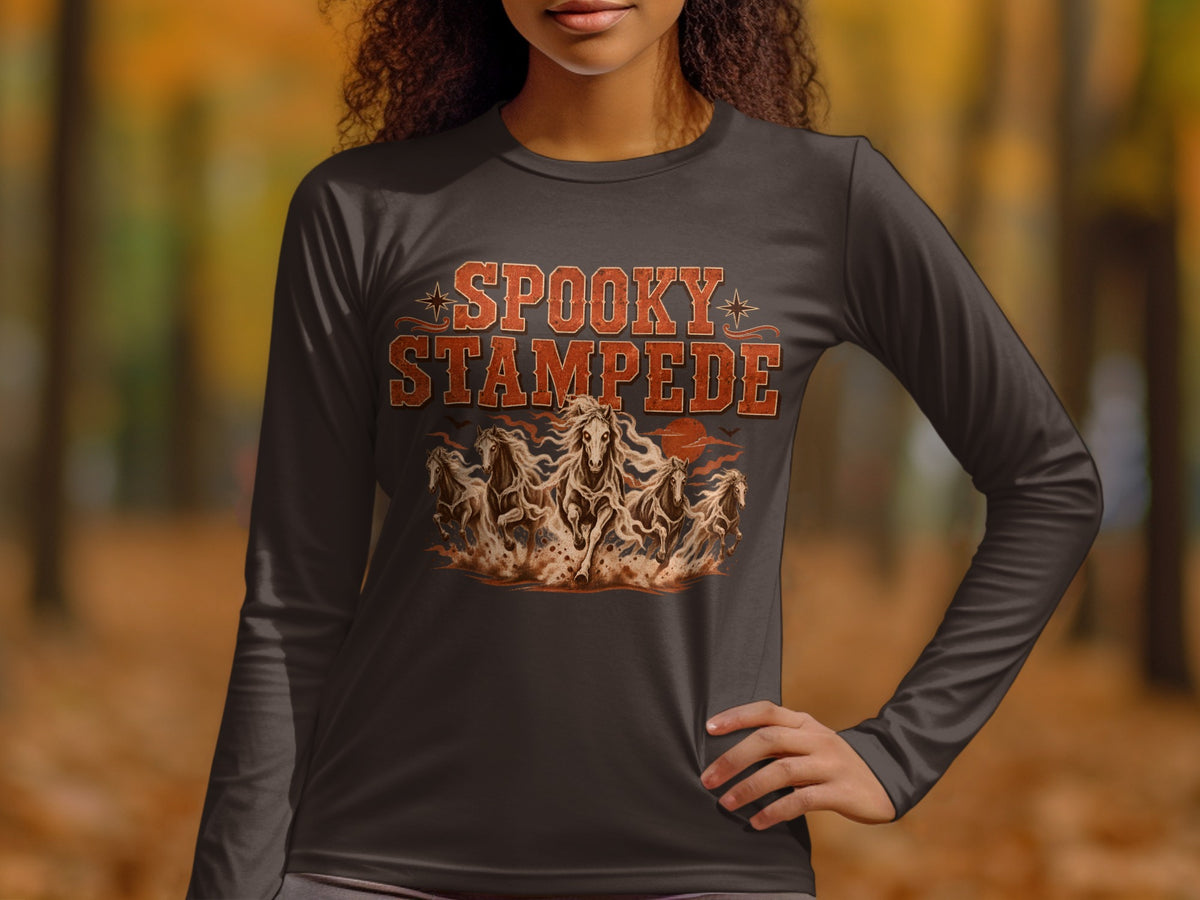 Long sleeve t-shirt with "Spooky Stampede" text and running horses graphic.