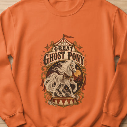 Graphic art of "The Great Ghost Pony" with a white horse on a circus stage.