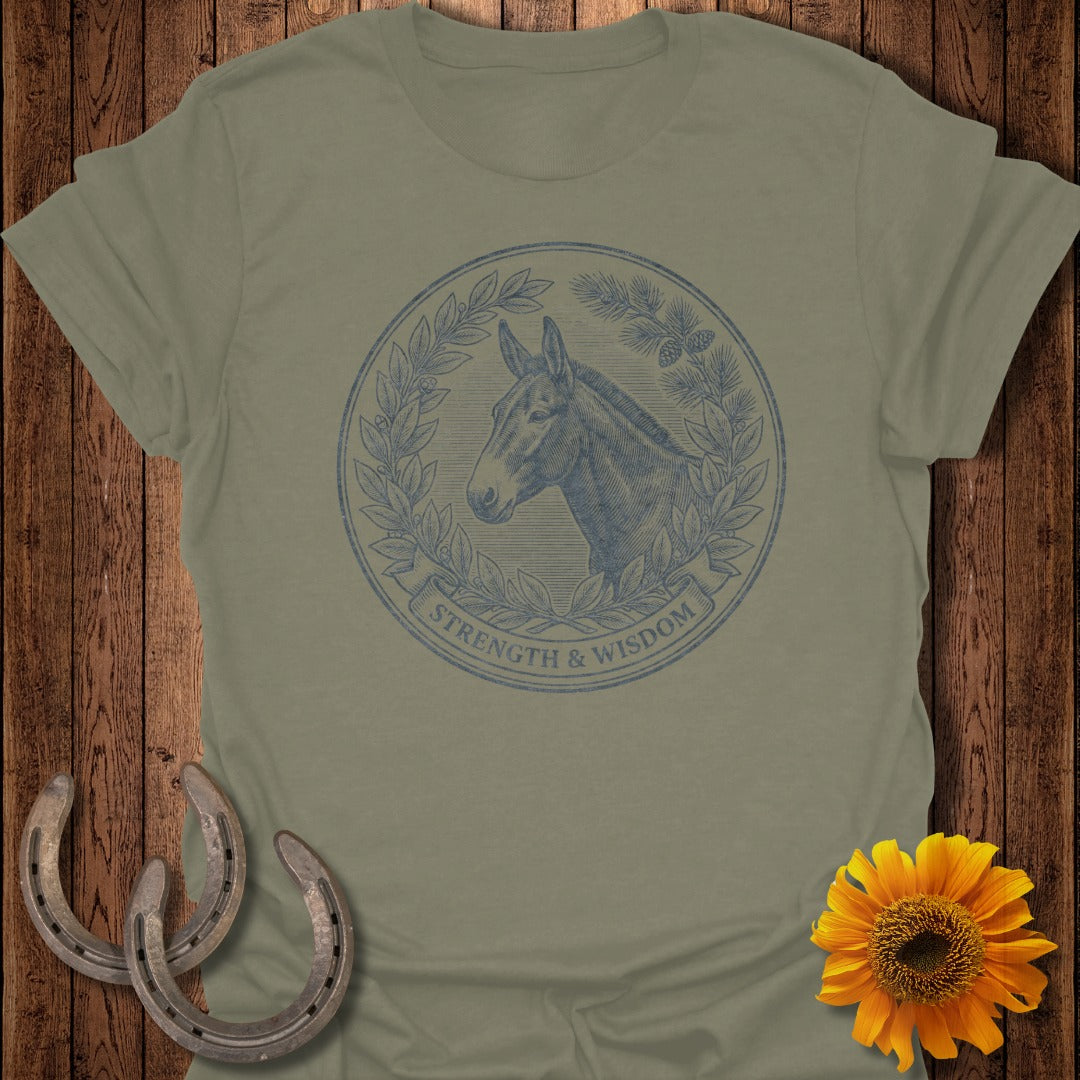 T-shirt with blue mule head in wreath, "Strength & Wisdom" text.
