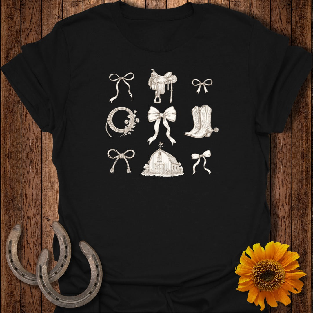 Black t-shirt with a collage of farm and equestrian themed line drawings.