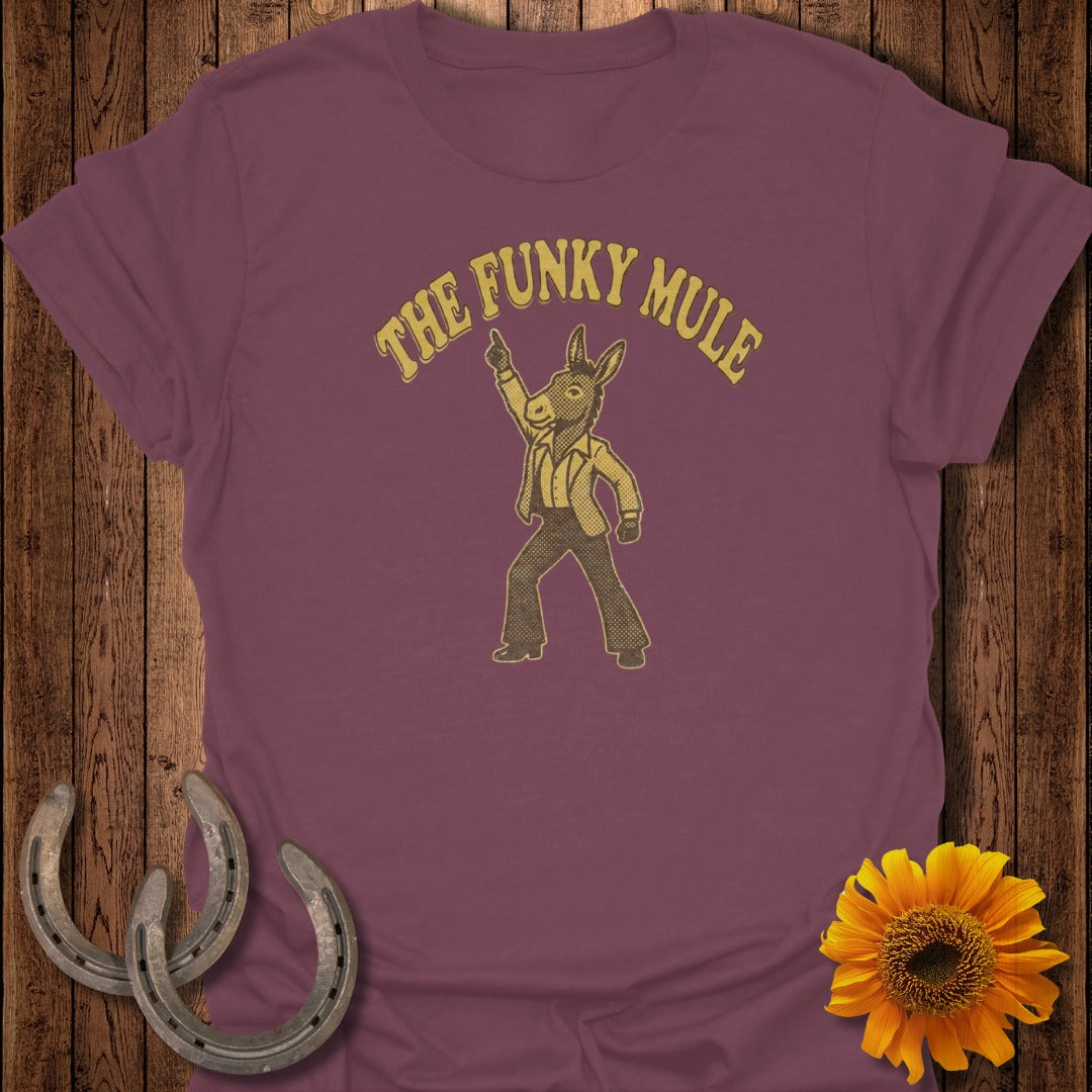 Maroon t-shirt with "The Funky Mule" text and a dancing donkey graphic.