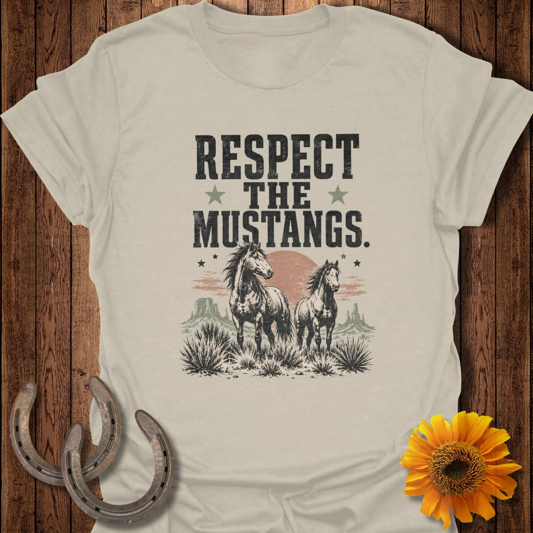 T-shirt with "Respect The Mustangs" text, two horses, and desert landscape graphic.