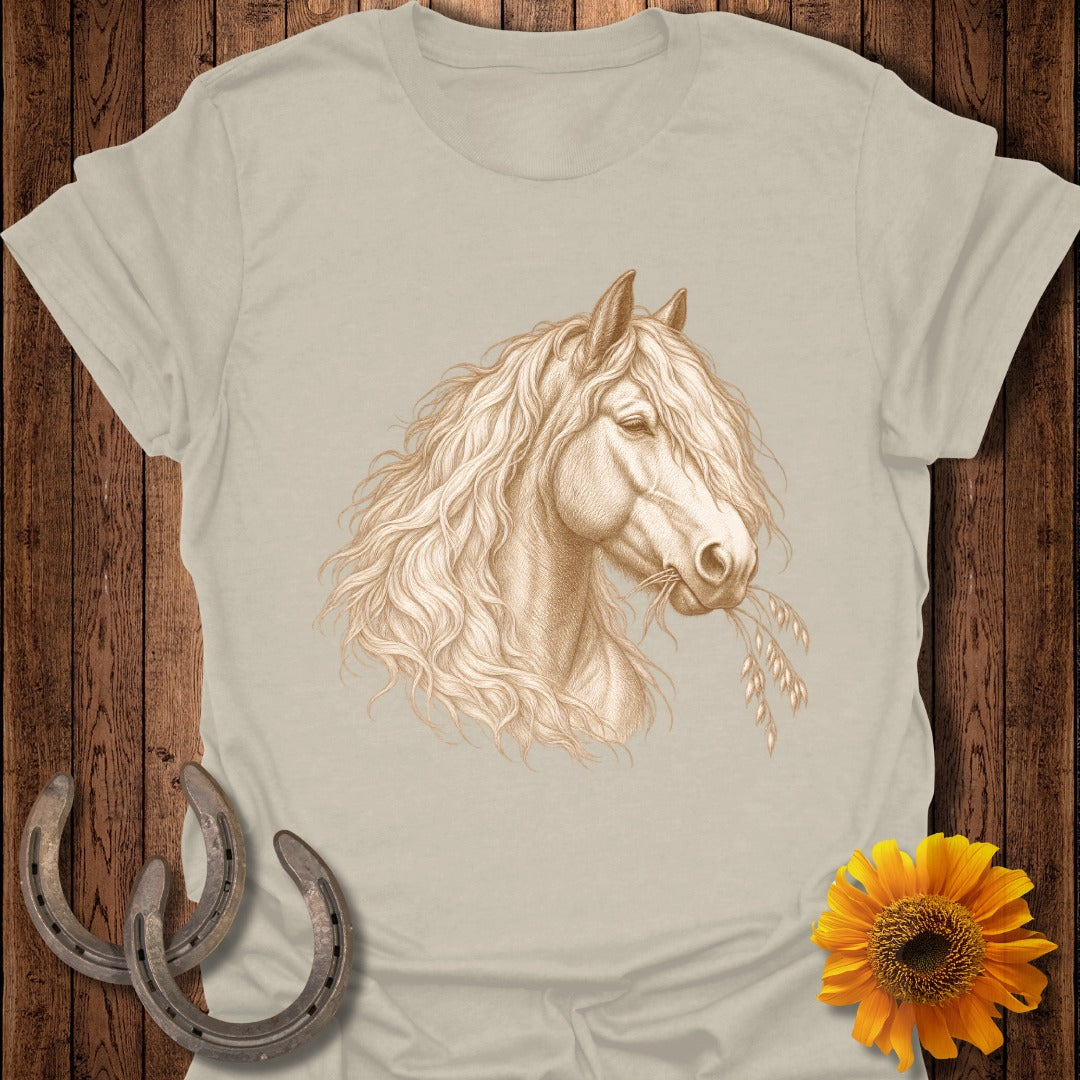 T-shirt with a sepia toned drawing of a horse eating wheat with flowing mane.