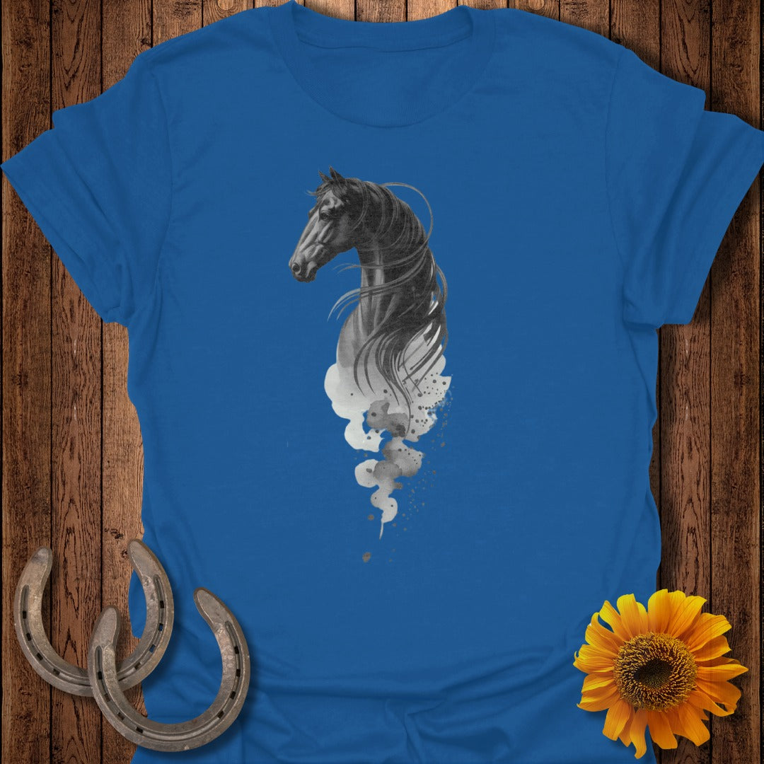 Blue t-shirt with a black horse emerging from smoke art.