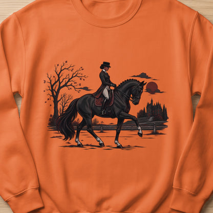 Black horse and rider in top hat and riding habit with castle in background.