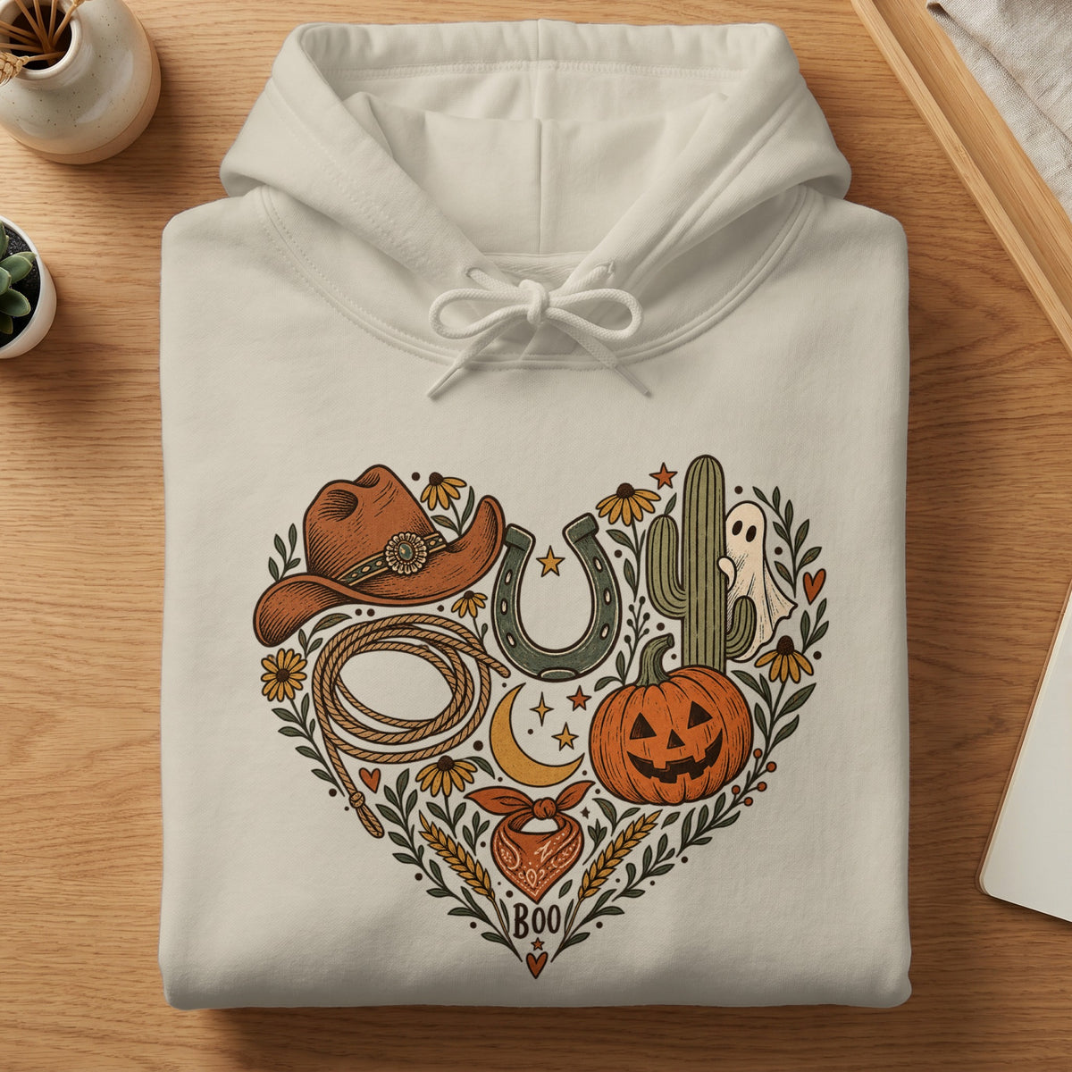 Cream hoodie with heart design of western and Halloween icons, including "Boo".