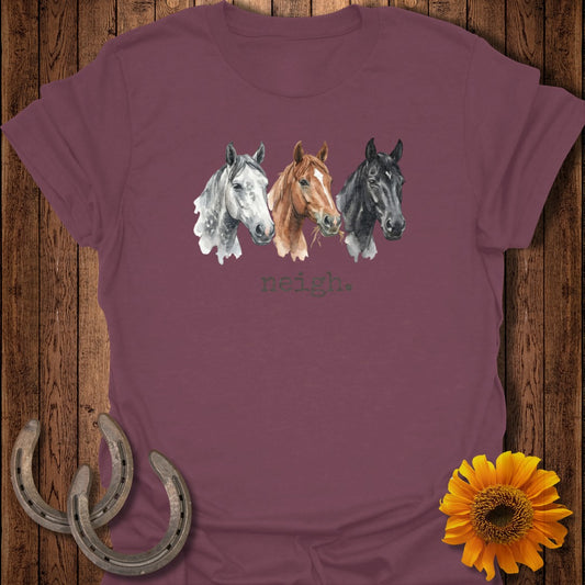 Three horses' heads in watercolor style with "neigh." text.