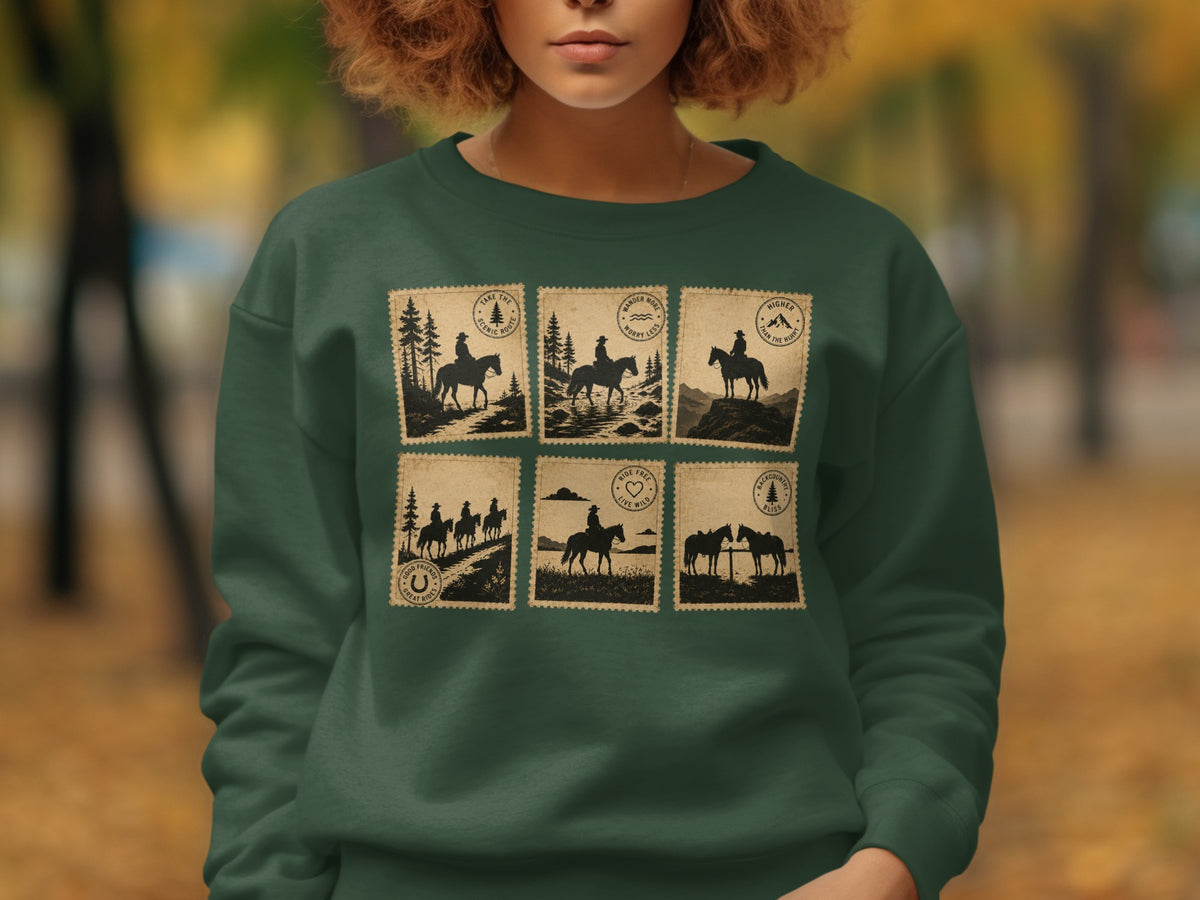 Green sweatshirt with six postage stamp designs featuring horseback riding scenes.
