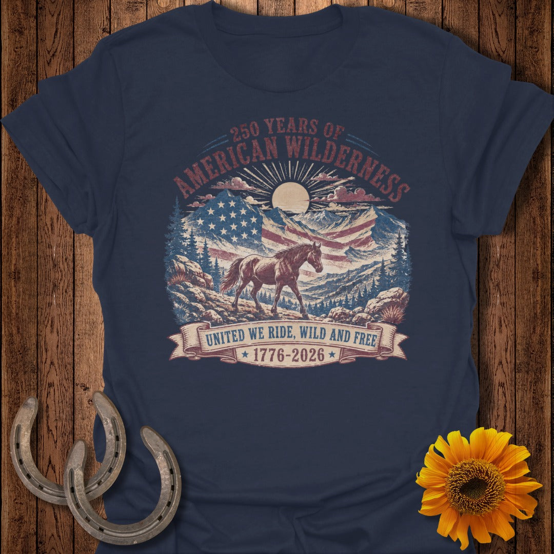 Navy t-shirt with American flag, mountains, horse, and text "250 Years of American Wilderness".