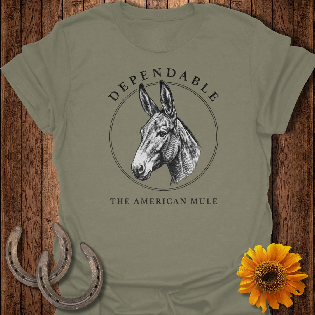 T-shirt graphic featuring a mule illustration and "DEPENDABLE THE AMERICAN MULE" text.