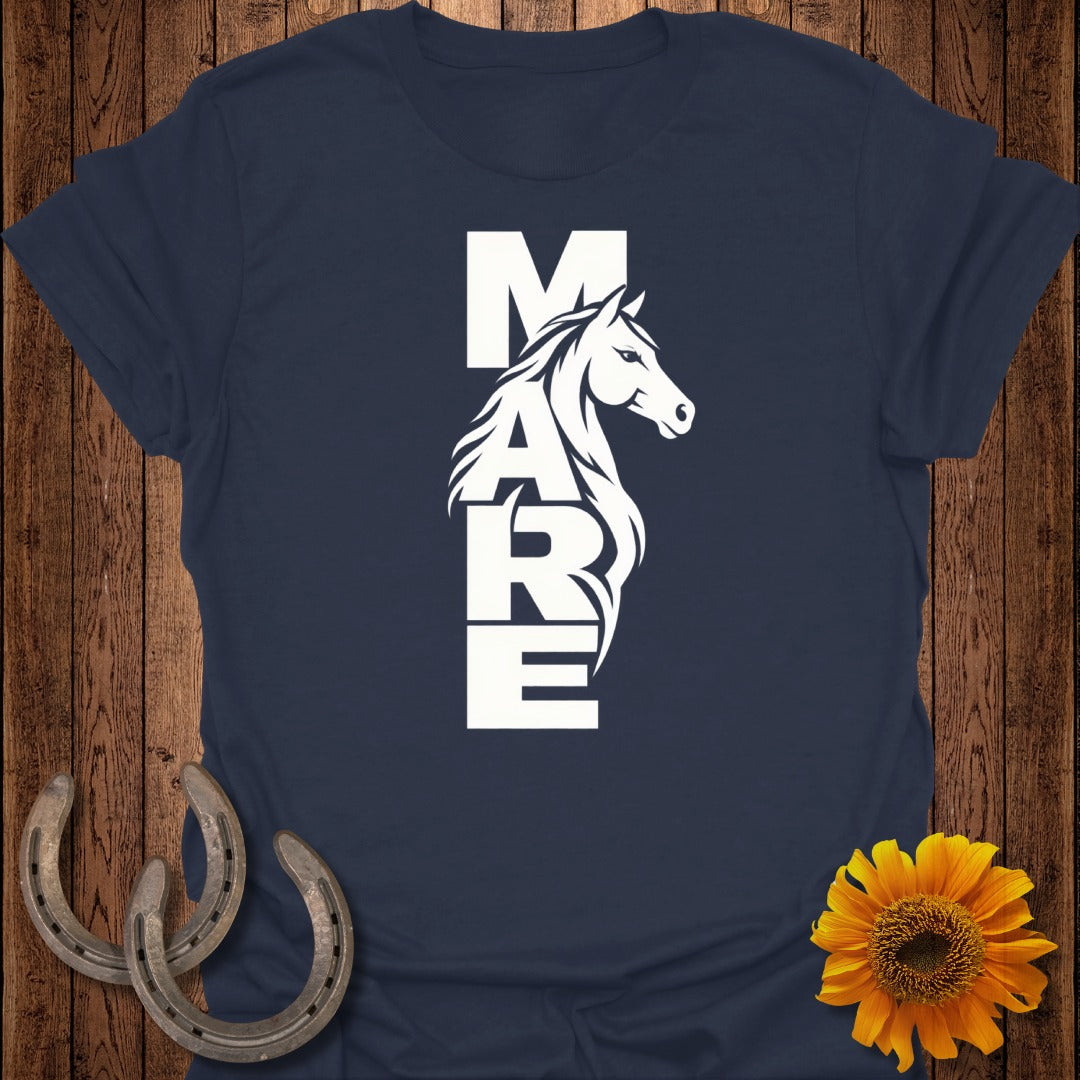 Navy t-shirt with white "MARE" text and horse silhouette.