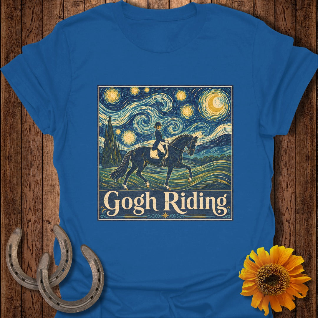 T-shirt featuring a rider on a horse under a starry sky with text "Gogh Riding."
