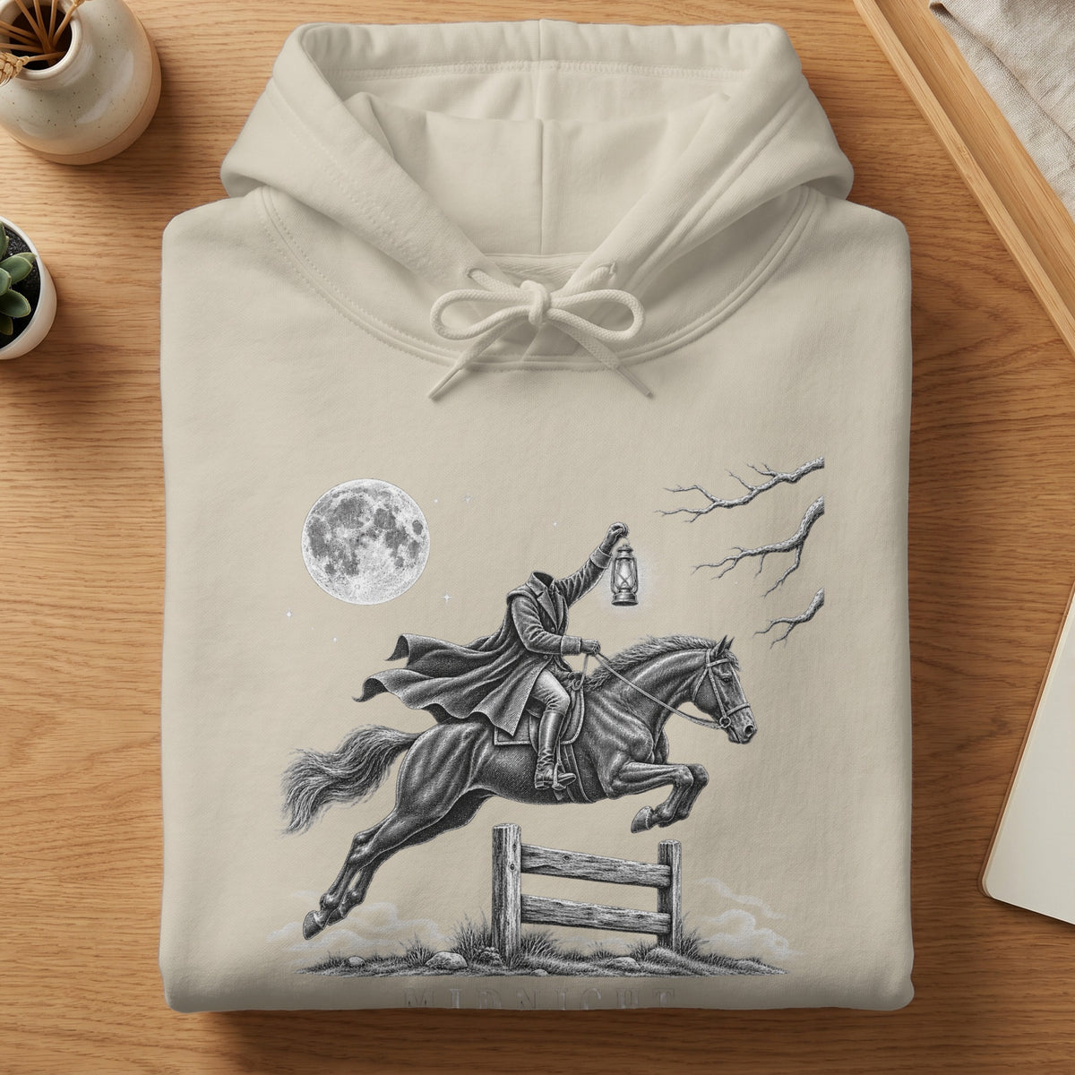 Headless horseman with lantern jumping fence under full moon.