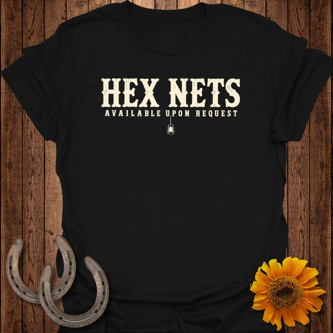 Black t-shirt with "HEX NETS AVAILABLE UPON REQUEST" and a spider graphic.