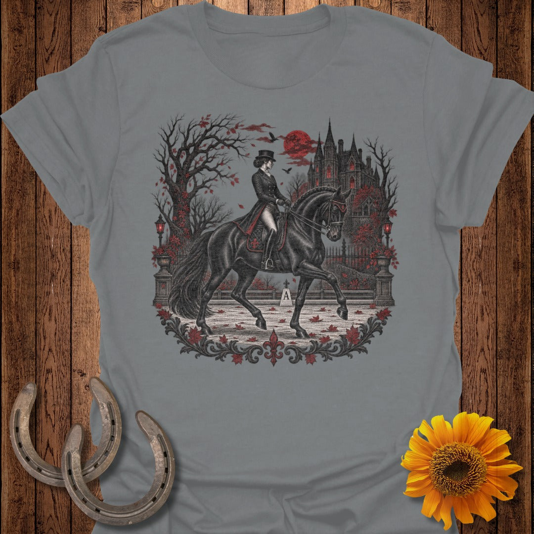 Woman in top hat rides black horse past gothic castle with red moon and autumn leaves.