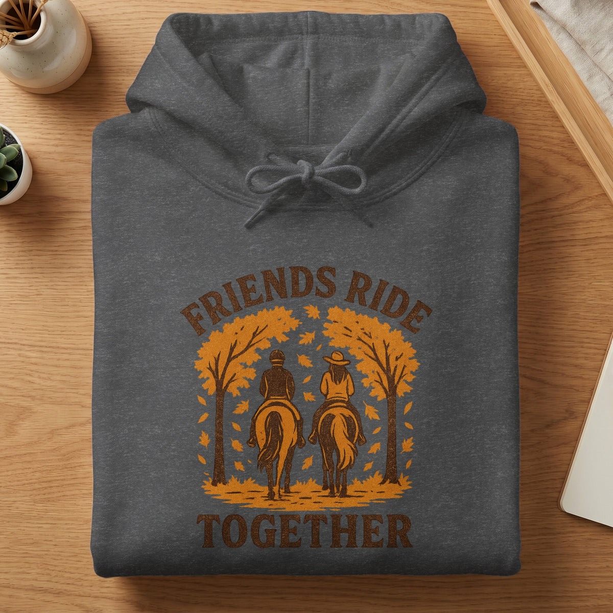 Dark grey hoodie with "Friends Ride Together" graphic of two people on horses among fall trees.