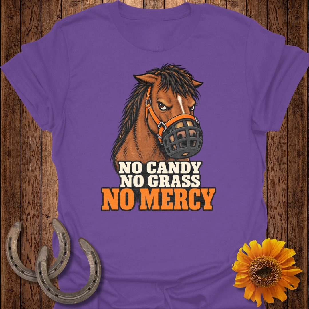 Purple t-shirt with illustration of a horse wearing a muzzle and text "NO CANDY NO GRASS NO MERCY".