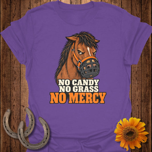 Purple t-shirt with illustration of a horse wearing a muzzle and text "NO CANDY NO GRASS NO MERCY".