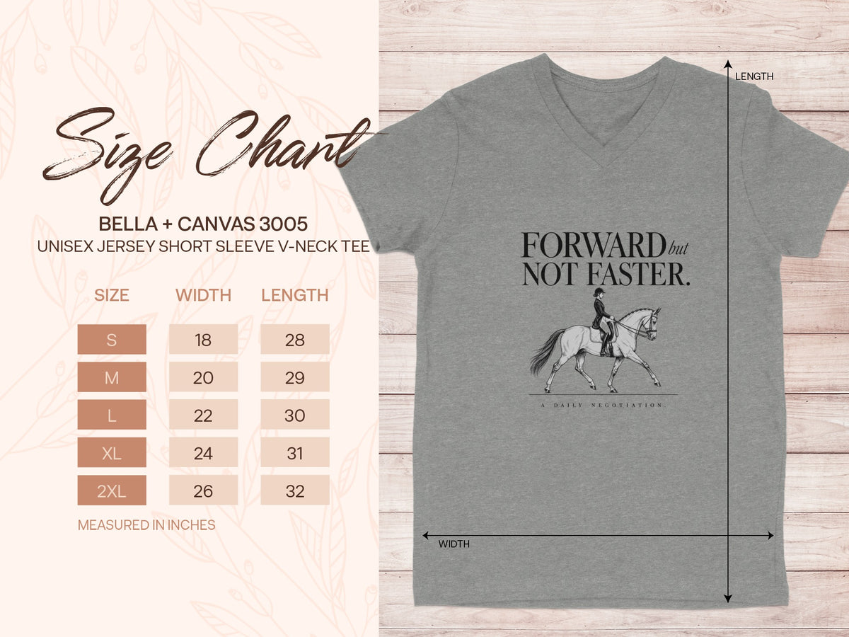 Unisex Bella + Canvas 3005 v-neck tee size chart with rider and horse graphic.