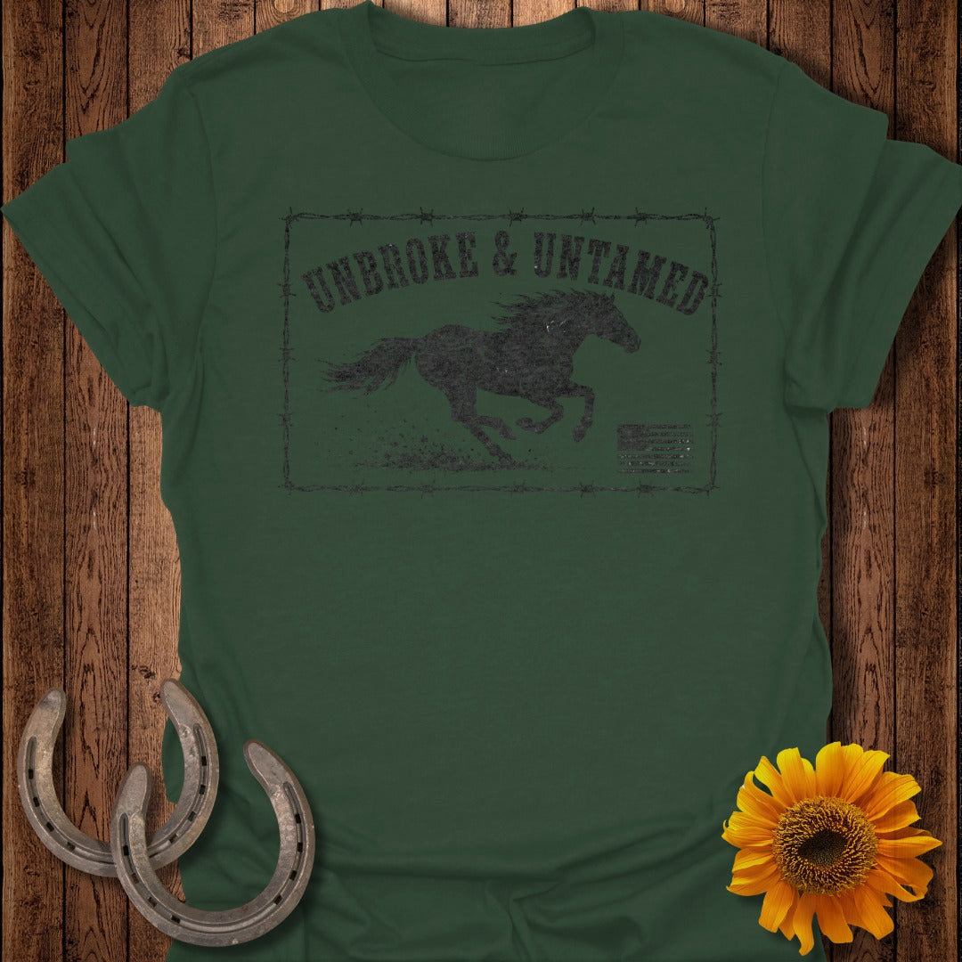 Green t-shirt with a distressed graphic of a running horse and text "UNBROKE & UNTAMED".