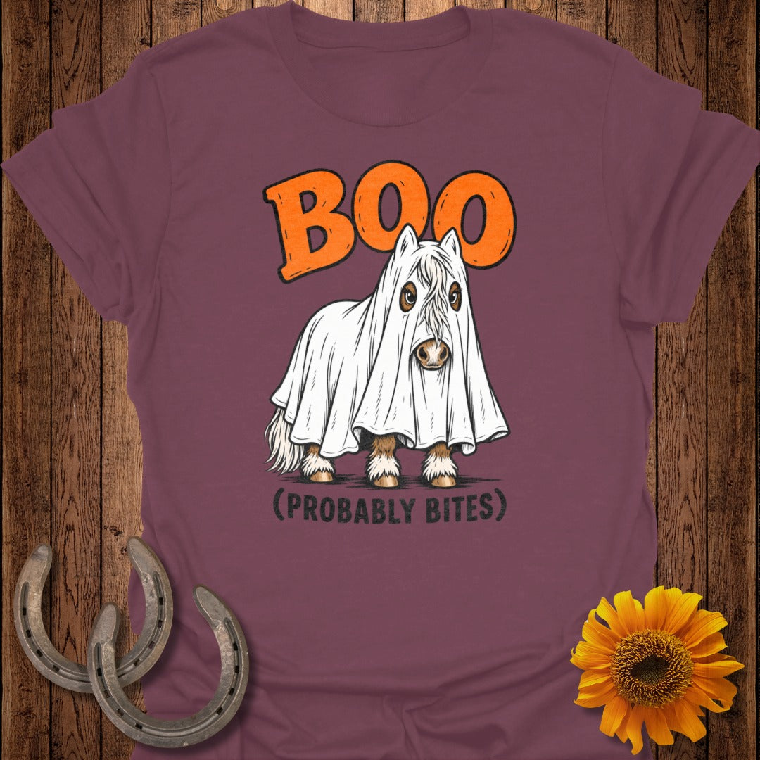 Horse in a ghost costume with "Boo" and "(Probably Bites)" text.