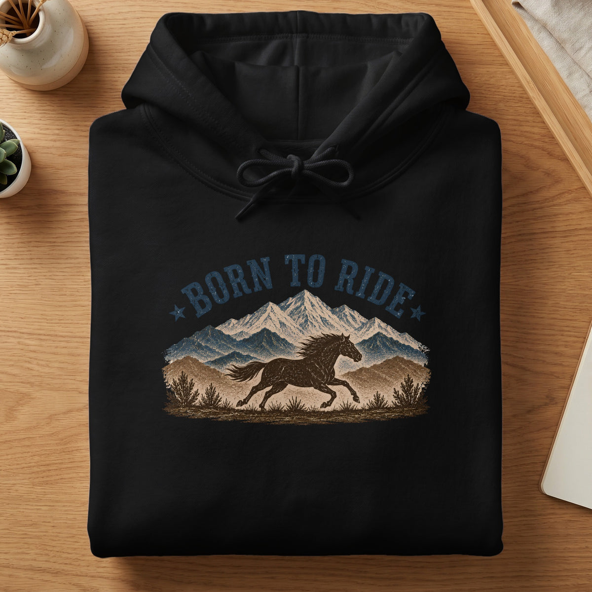 Black hoodie with "Born to Ride" text and a running horse graphic.