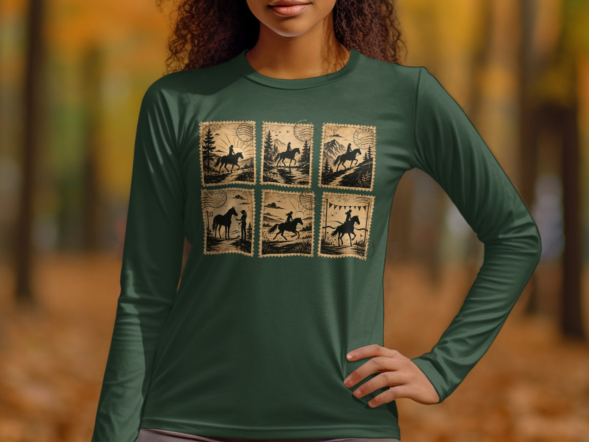 Green long-sleeve shirt with six vintage postage stamp-style graphics of horseback riders.
