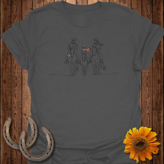 Dark grey t-shirt with a minimalist line drawing of three people riding horses.