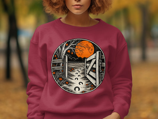 Circular graphic of an open wooden gate with horseshoe prints leading to an orange moon.