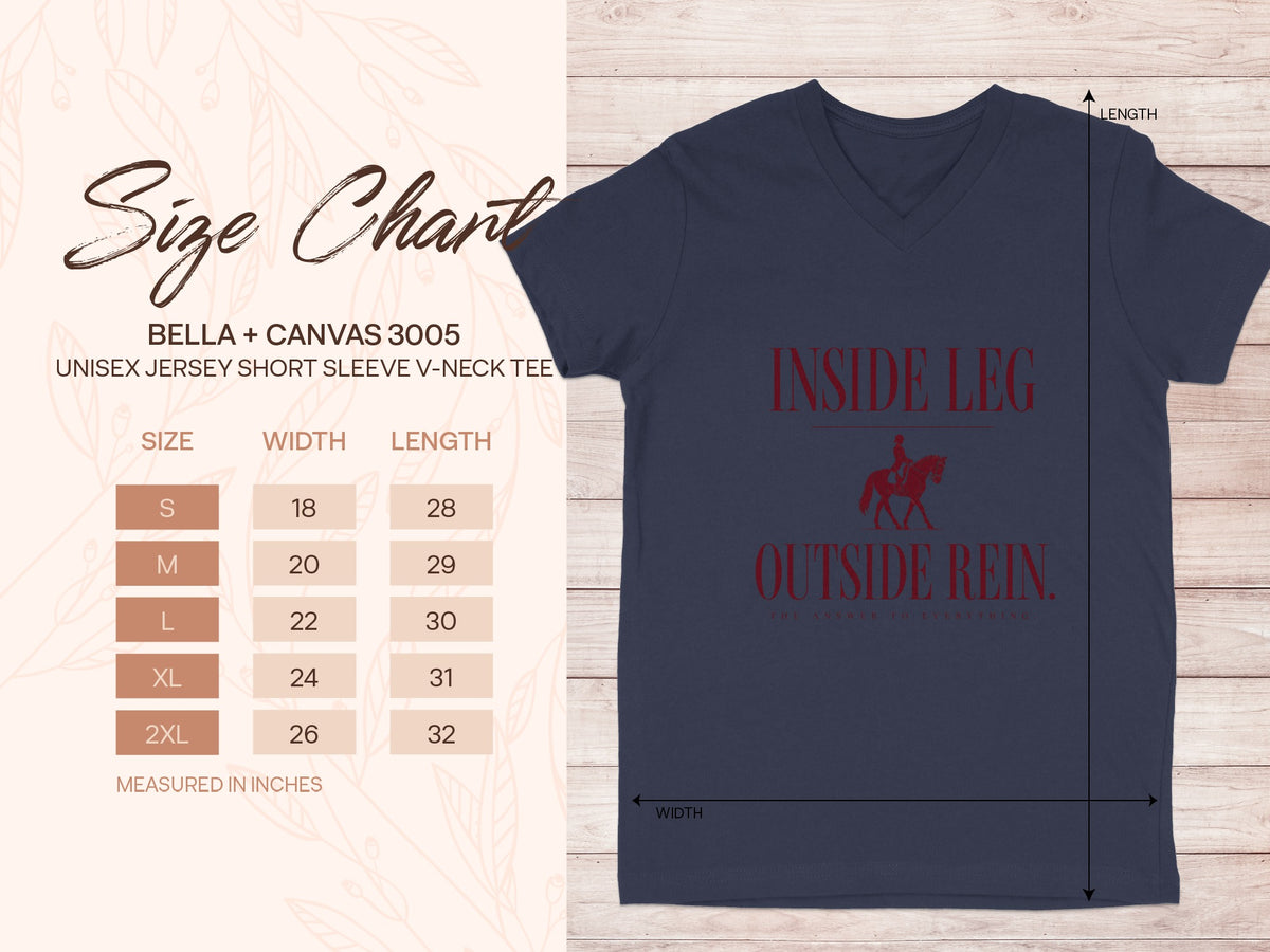 Bella + Canvas 3005 unisex v-neck tee size chart with measurements in inches.