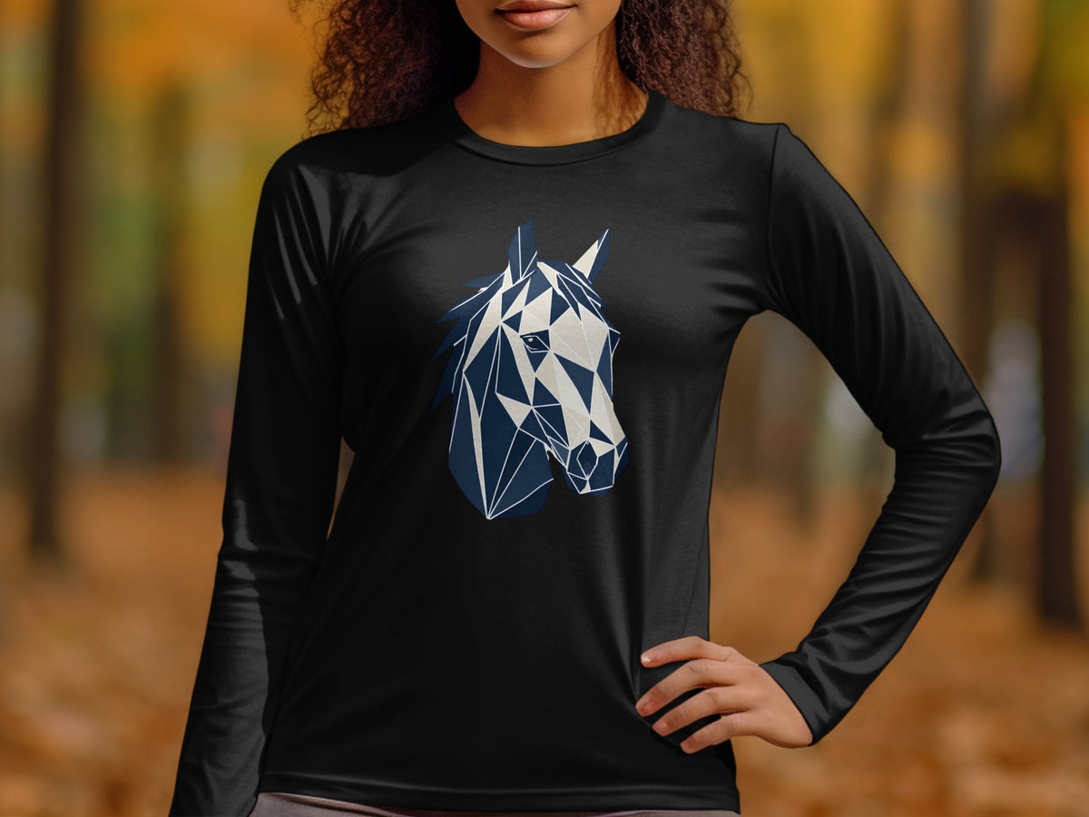 Black long-sleeve shirt with geometric horse head graphic
