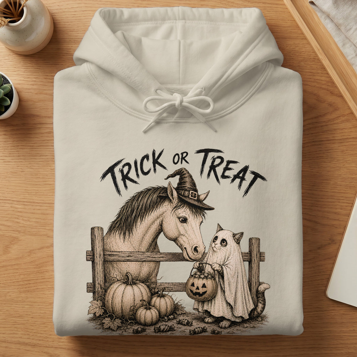 Cream hoodie with "Trick or Treat" text, horse, and ghost cat.