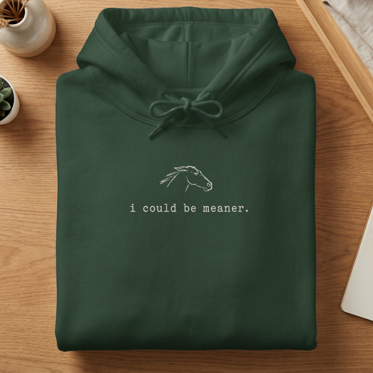 Dark green hoodie with embroidered horse and text "i could be meaner."