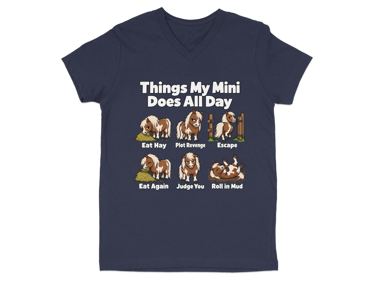 Navy blue V-neck t-shirt featuring humorous cartoon illustrations and text about miniature horse activities.