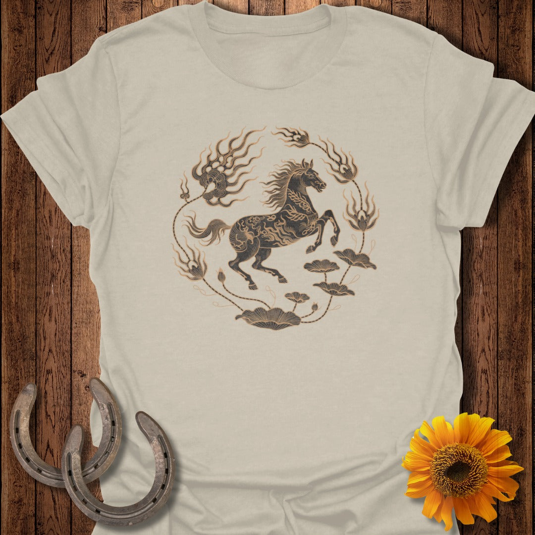 Light brown t-shirt featuring a dark horse and floral design within a circle.