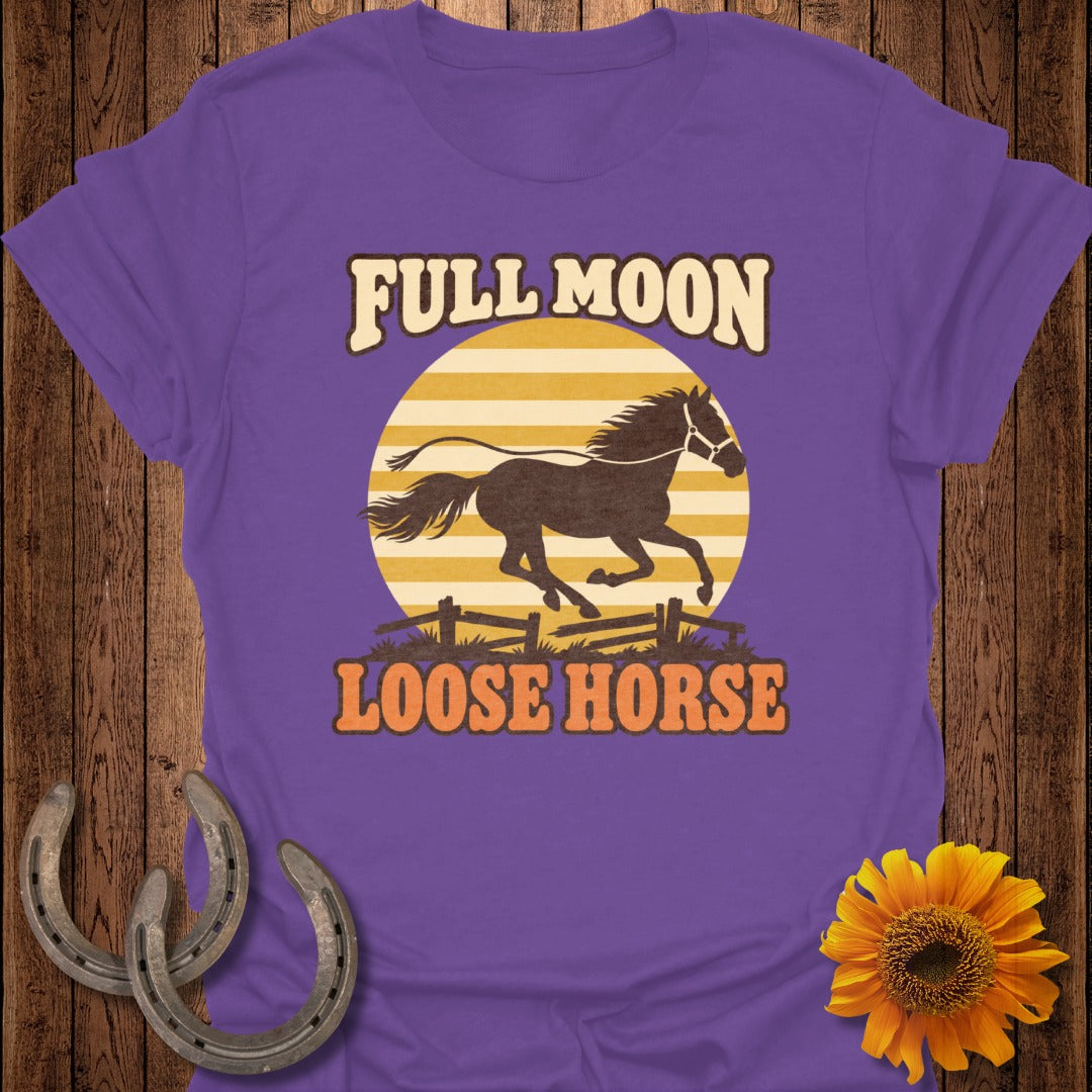 Purple t-shirt with a dark horse silhouette running across a striped sun and the text "FULL MOON LOOSE HORSE".