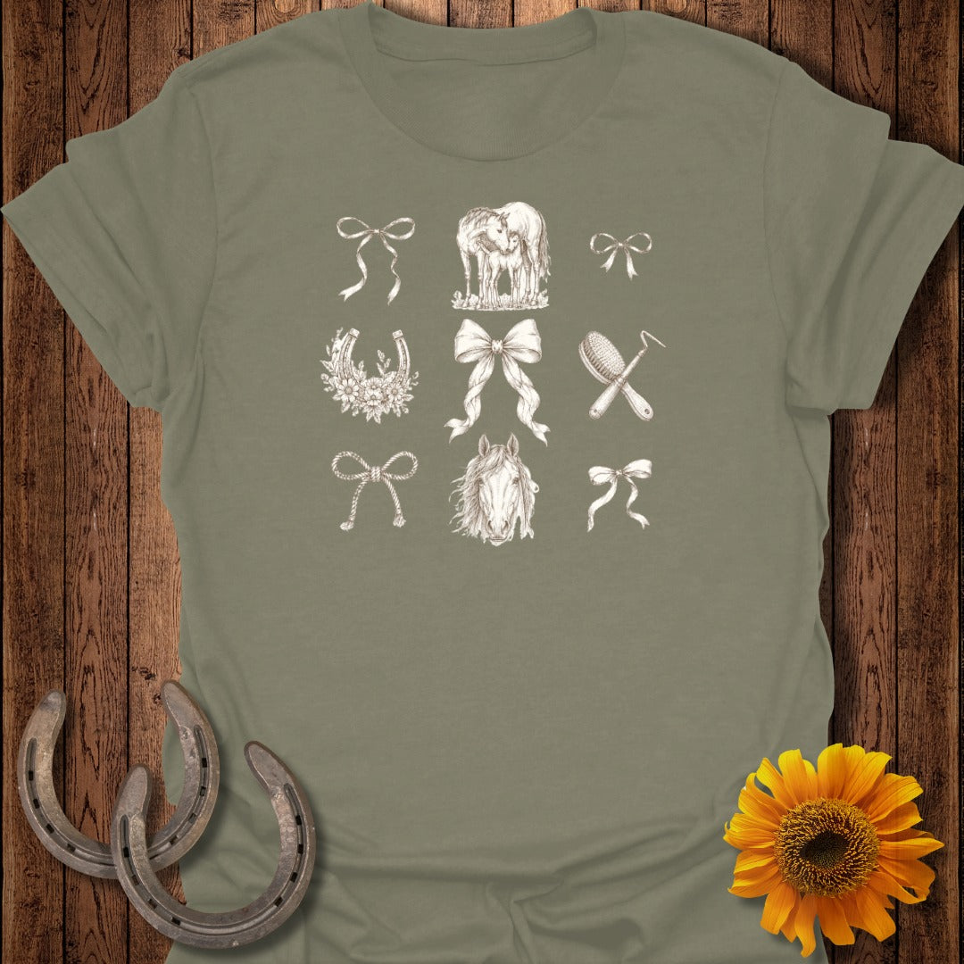 T-shirt with equestrian graphics including horses, bows, and horseshoes.