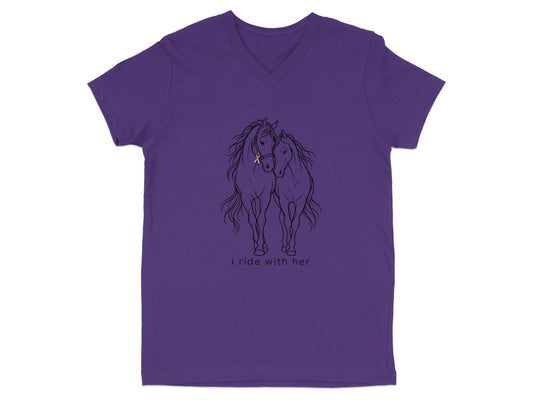 Purple v-neck t-shirt with two horses and a pink ribbon, text "i ride with her".