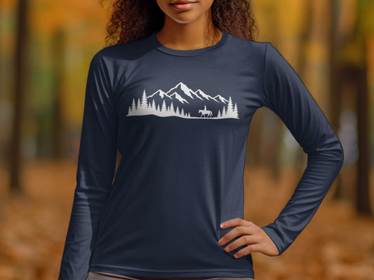 Navy long-sleeve shirt with white mountain, trees, and horse rider graphic.