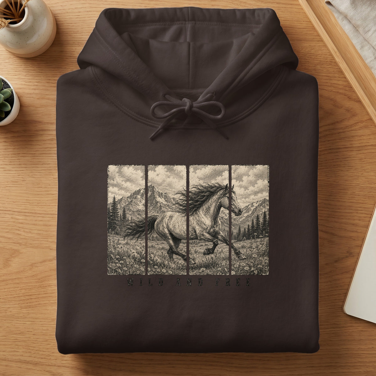 Brown hoodie with a vintage illustration of a running horse and mountains, reading "WILD AND FREE".