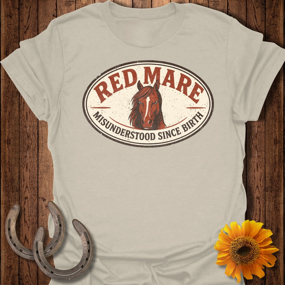 Red Mare misunderstood since birth oval logo with horse head and horseshoes.