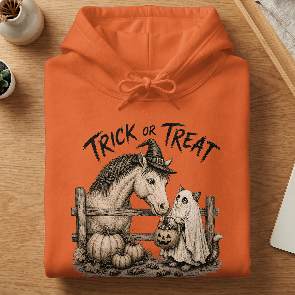 Orange hoodie with a vintage-style Halloween graphic of a horse and cat.