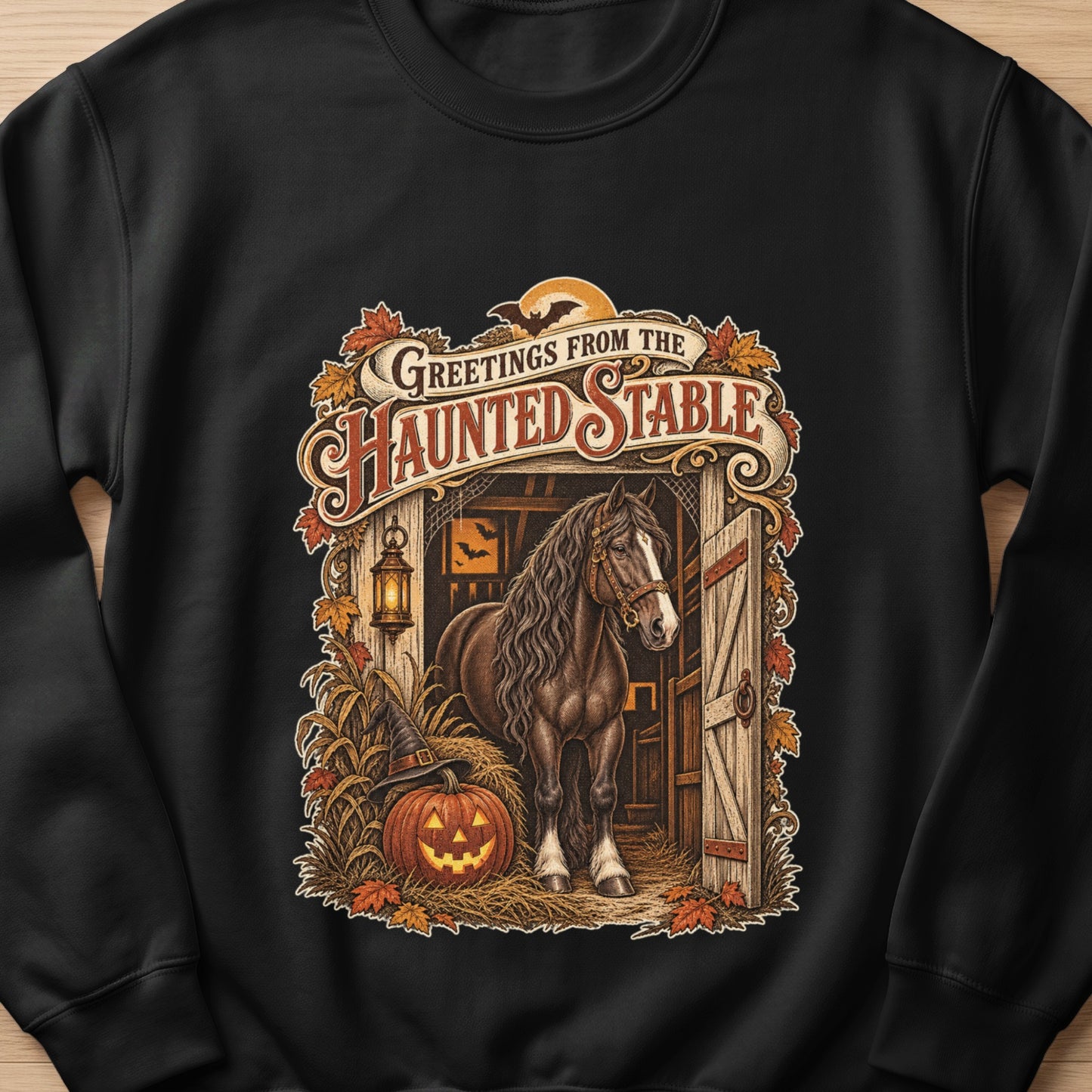 Horse in stable with pumpkin, witch hat, and text "Greetings from the Haunted Stable".