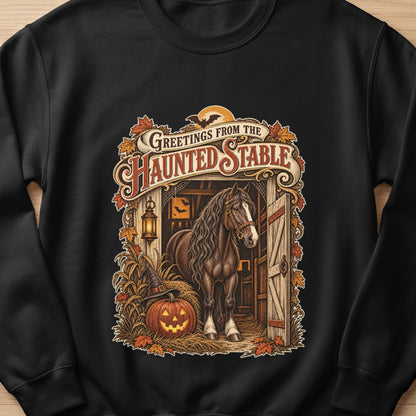 Horse in stable with pumpkin, witch hat, and text "Greetings from the Haunted Stable".