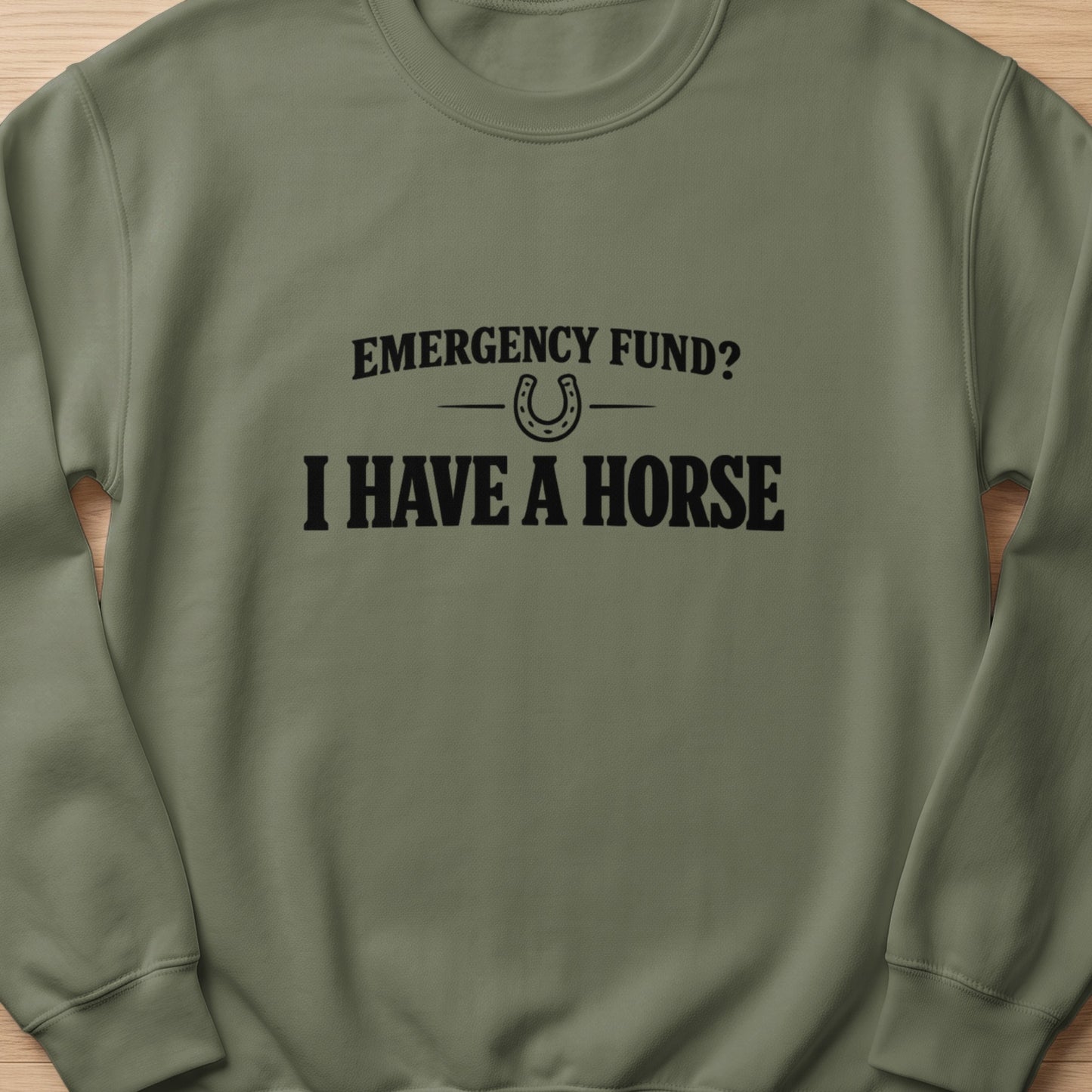 Green sweatshirt with black text: "EMERGENCY FUND? I HAVE A HORSE" and a horseshoe.