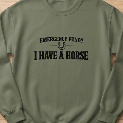 Green sweatshirt with black text: "EMERGENCY FUND? I HAVE A HORSE" and a horseshoe.