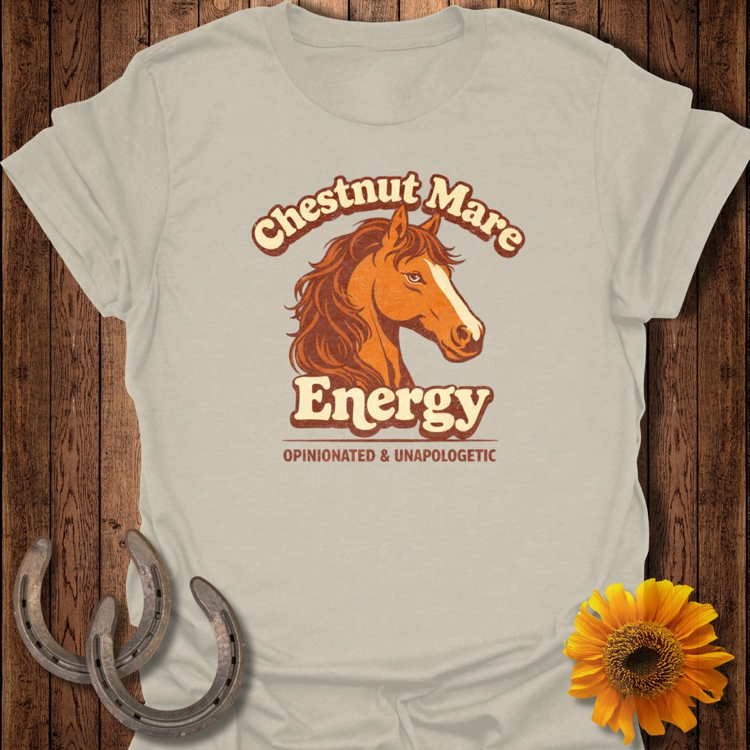 Chestnut mare with "Energy" and "Opinionated & Unapologetic" text.