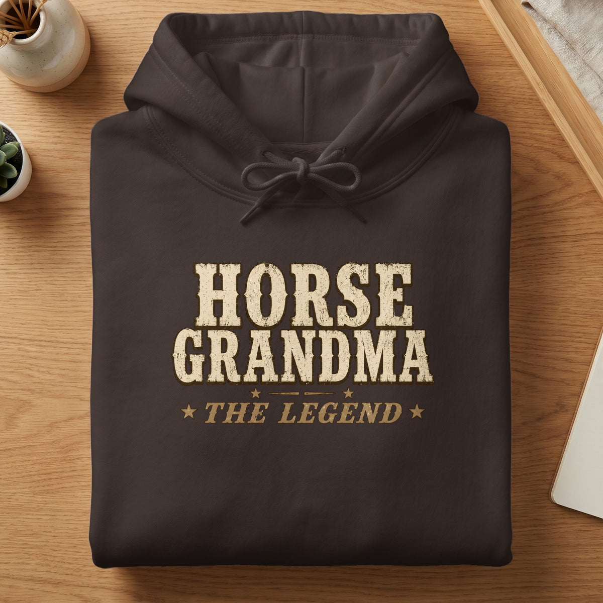 Brown hoodie with "HORSE GRANDMA THE LEGEND" text in distressed gold font.