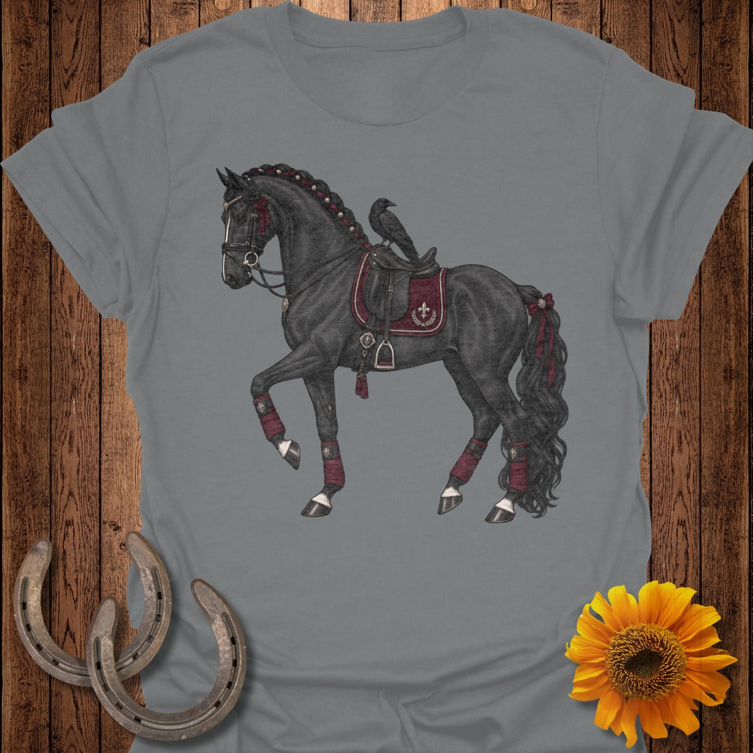 Black horse with ornate saddle and raven, on a gray t-shirt.