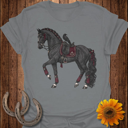 Black horse with ornate saddle and raven, on a gray t-shirt.